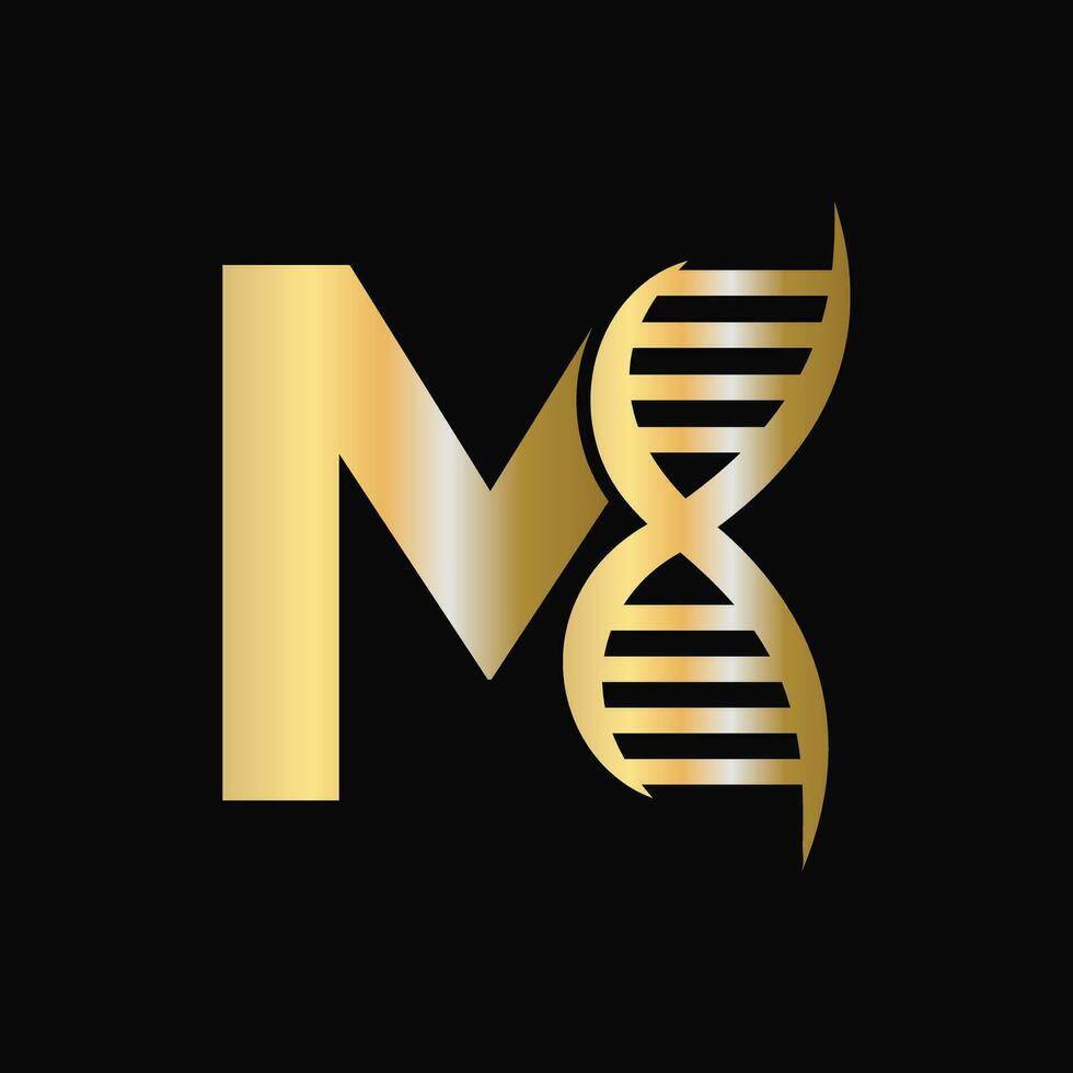 lettera m dna logo design concetto con dna cellula icona. Salute cura simbolo vettore