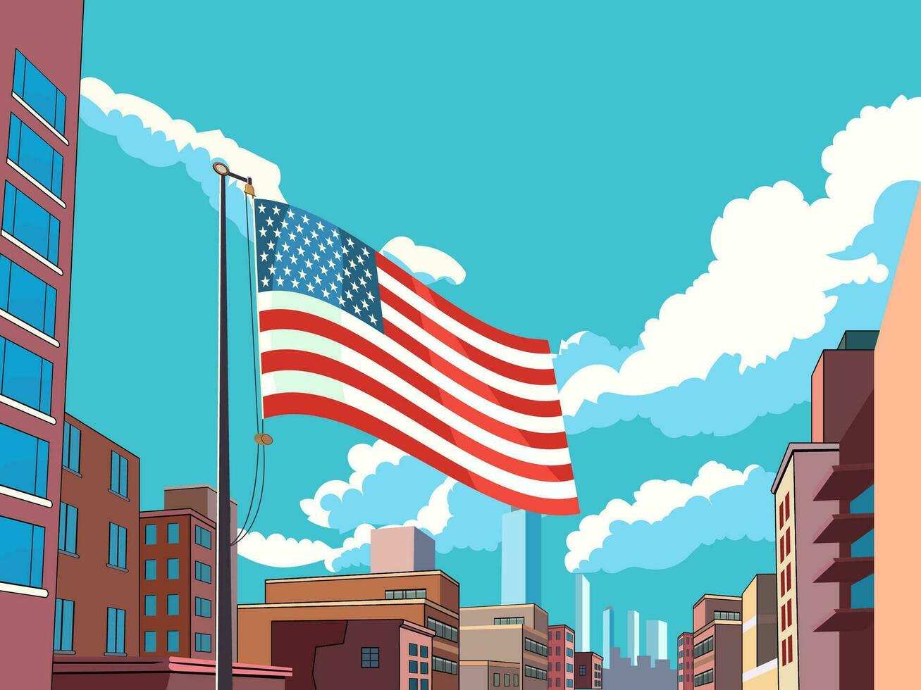 americano bandiera agitando con grattacielo edificio di il città nel blu cielo sfondo. Stati Uniti d'America nazionale Festival celebrazione bandiera design. vettore