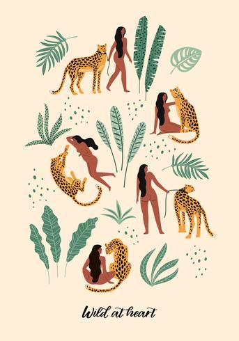 Cuore selvaggio. Illustrazioni vettoriali di donna con leopardo e foglie tropicali.