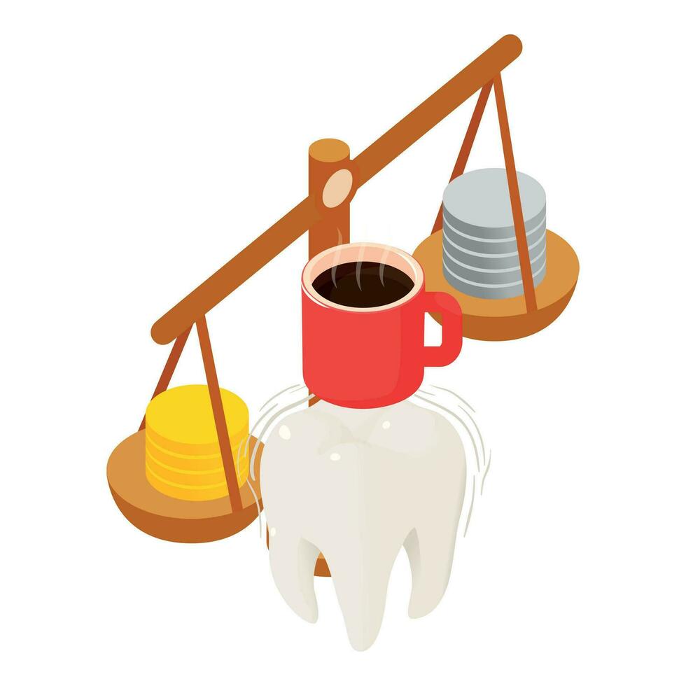 dente sensibilità icona isometrico vettore. umano dente caffè tazza e moneta scala vettore