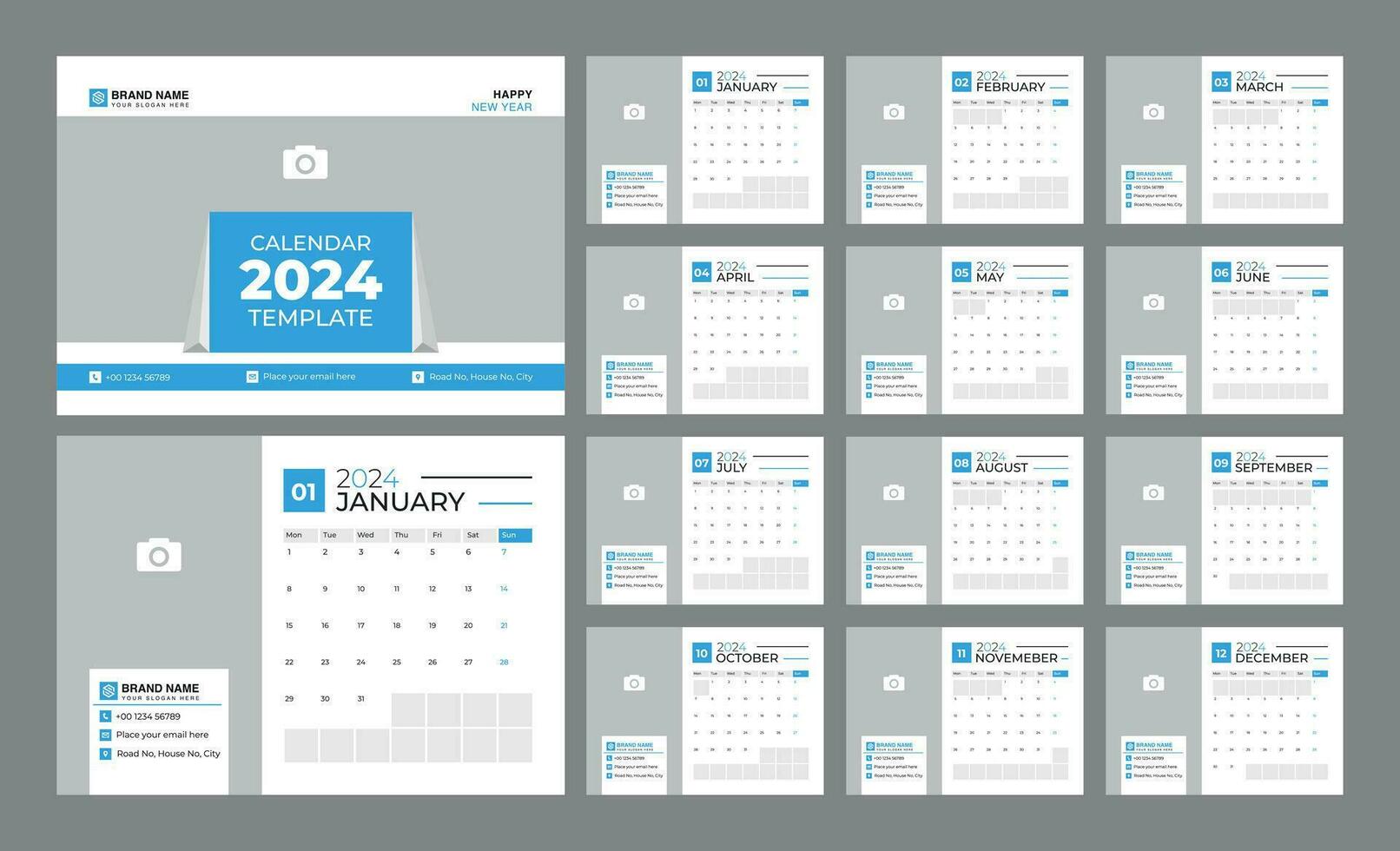 scrivania calendario 2024 modello. 12 mesi incluso. modificabile 2024 calendario design. vettore illustrazione