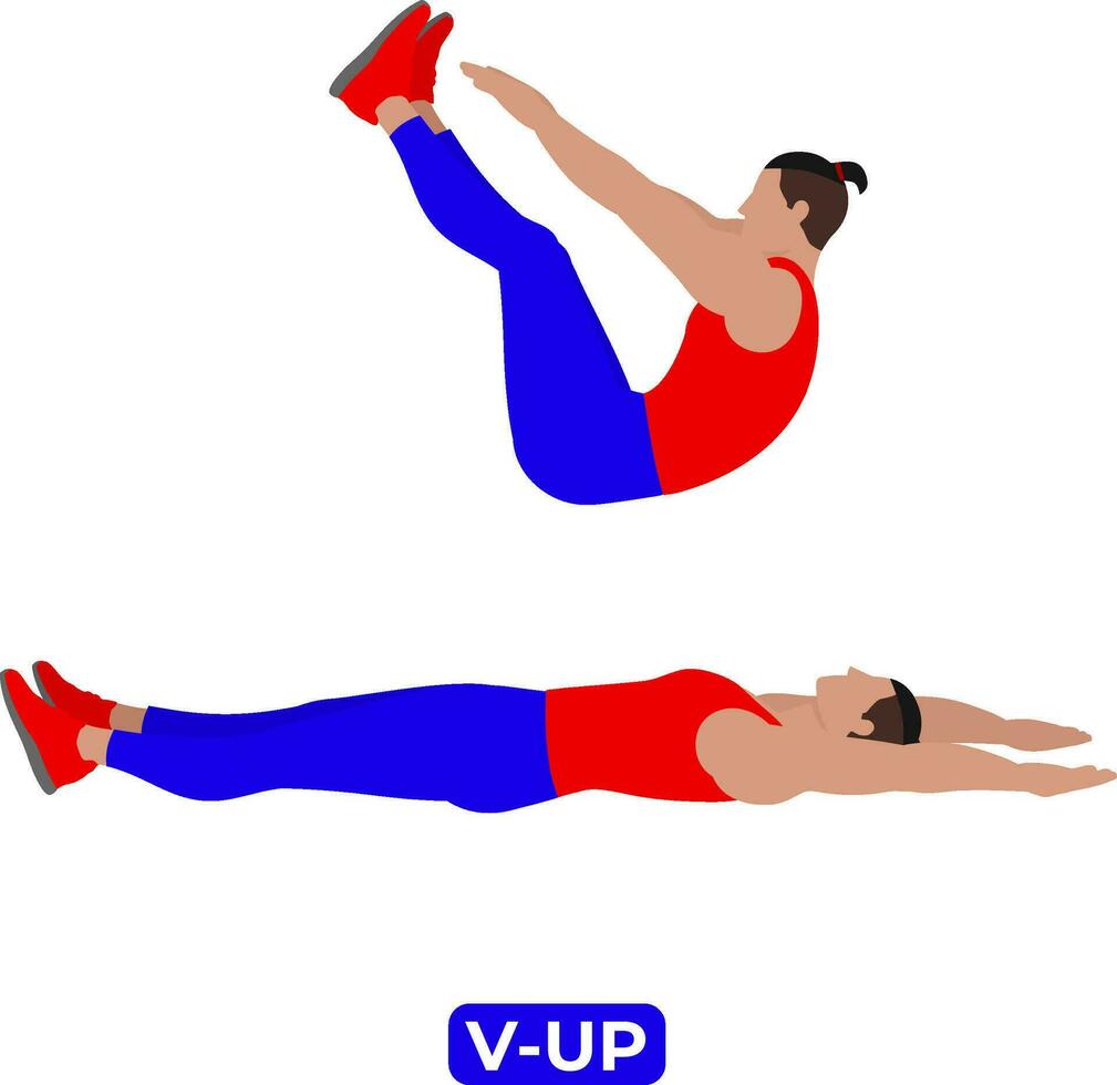 vettore uomo fare v su peso corporeo fitness addominali e nucleo allenarsi esercizio. un educativo illustrazione su un' bianca sfondo.