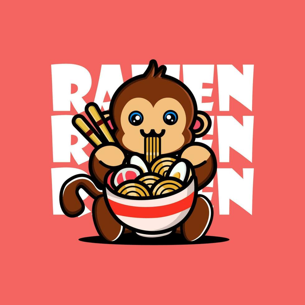 carino bambino scimmia mangiare ramen tagliatelle vettore