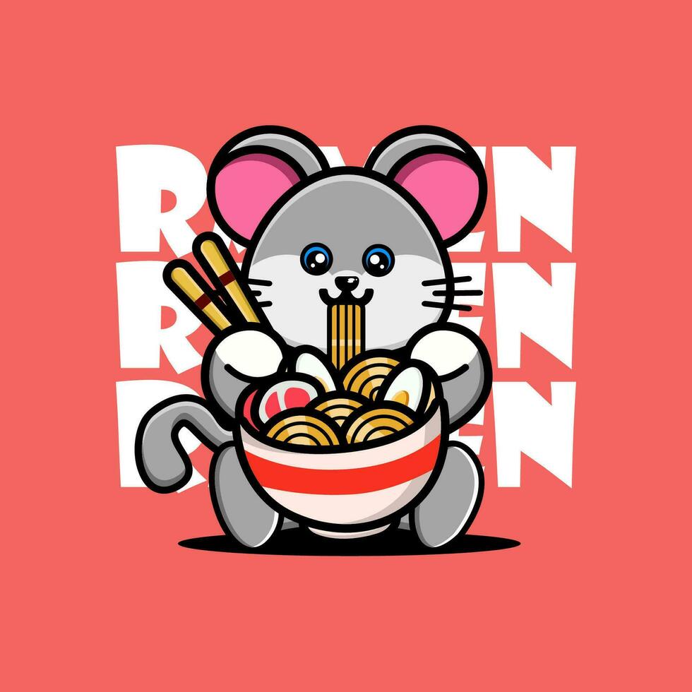 carino bambino topo mangiare ramen tagliatelle vettore