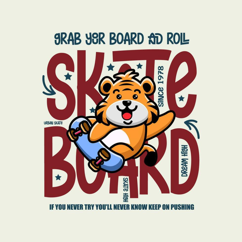 carino tigre skateboarder cartone animato personaggio maglietta design vettore