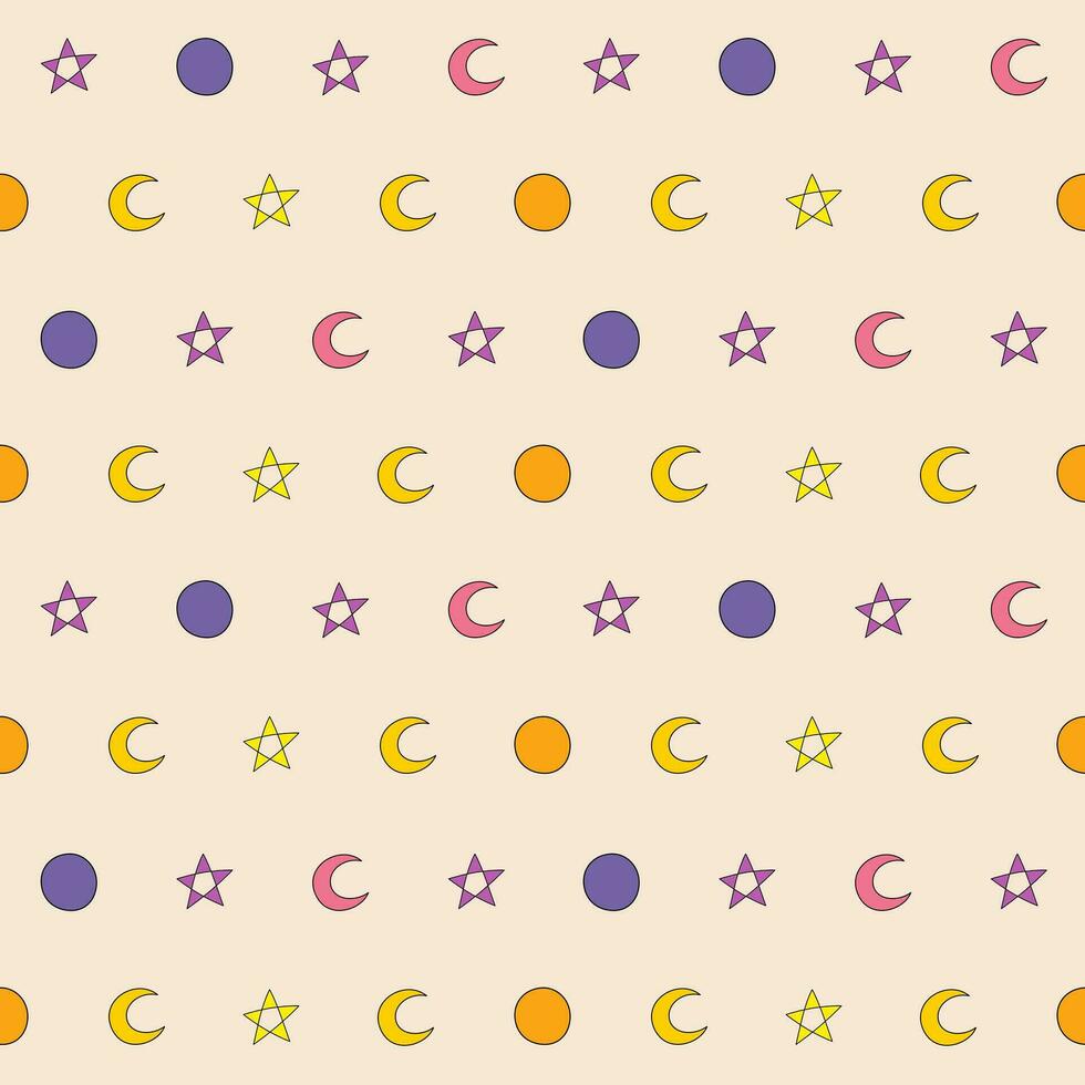 senza soluzione di continuità modello di un' stella, Luna, e mezzaluna nel rosa, arancia, giallo, e viola colore su crema sfondo, vettore per tessuto, avvolgere, sfondo, tessile