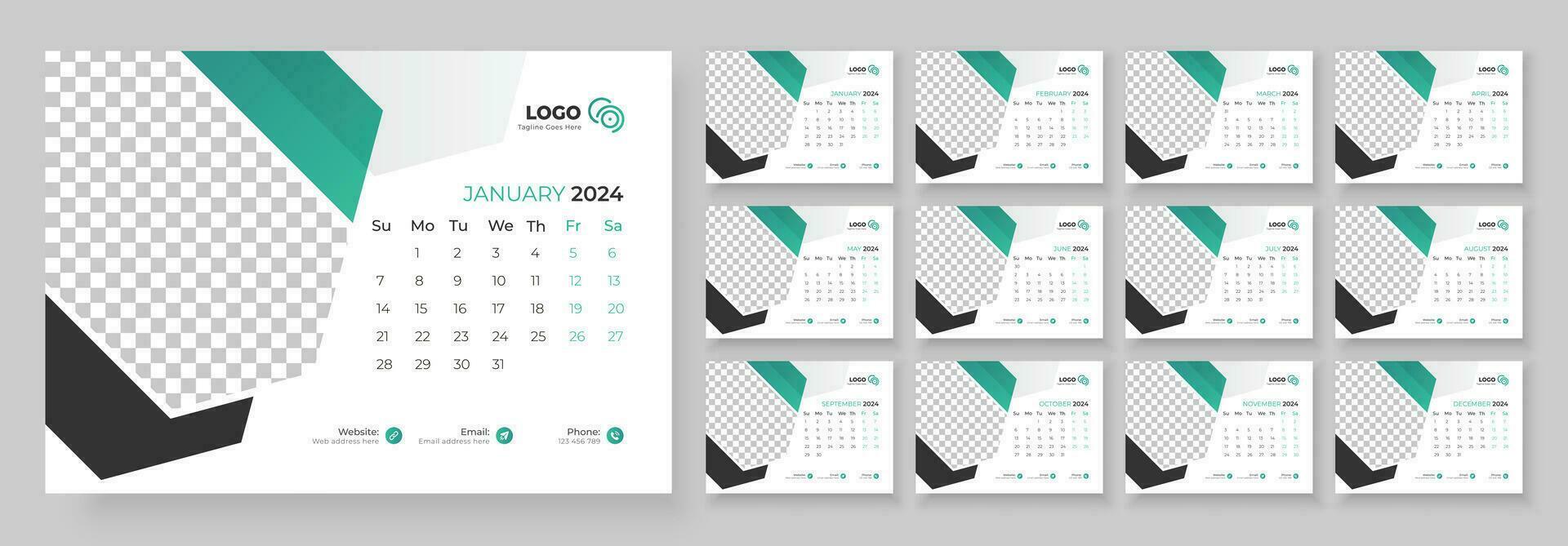 scrivania calendario modello 2024. scrivania calendario nel un' minimalista stile. settimana inizia su domenica. vettore