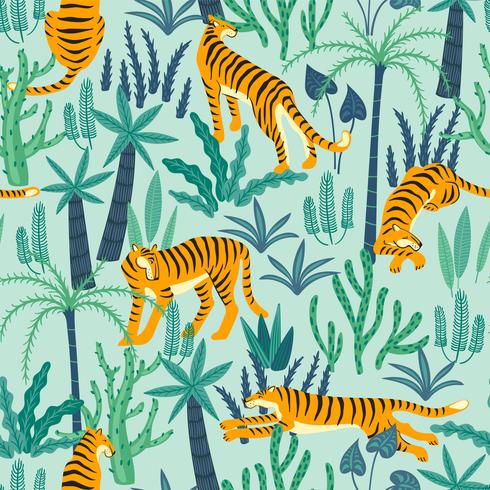 Seamless pattern esotico con tigri nella giungla. vettore