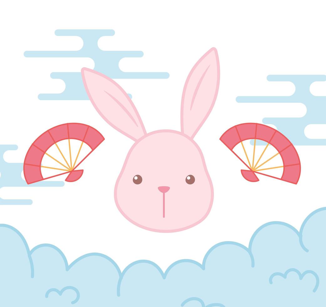 faccia di coniglio e ventaglio elemento orientale decorazione disegno a colori vettore