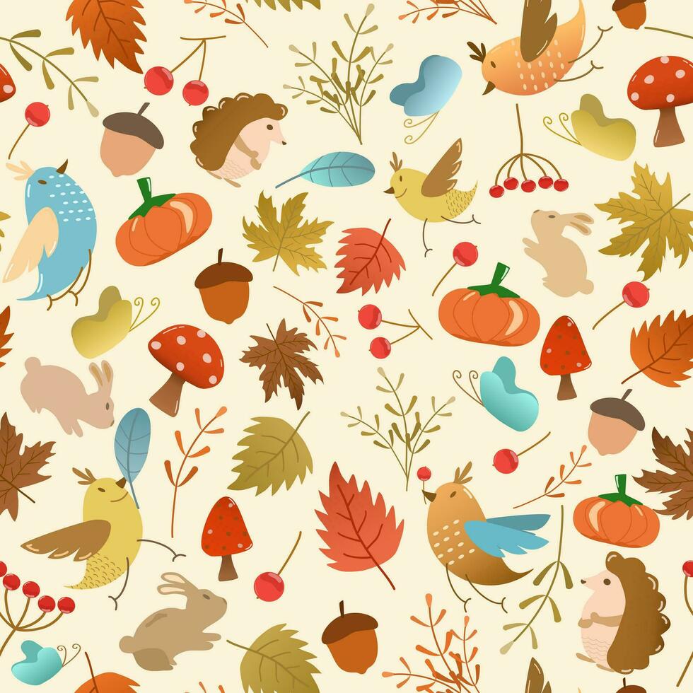 vettore - astratto senza soluzione di continuità modello di autunno, autunno concetto. zucca, acero foglie, uccello, fungo, ciliegia, coniglietto, porcospino.