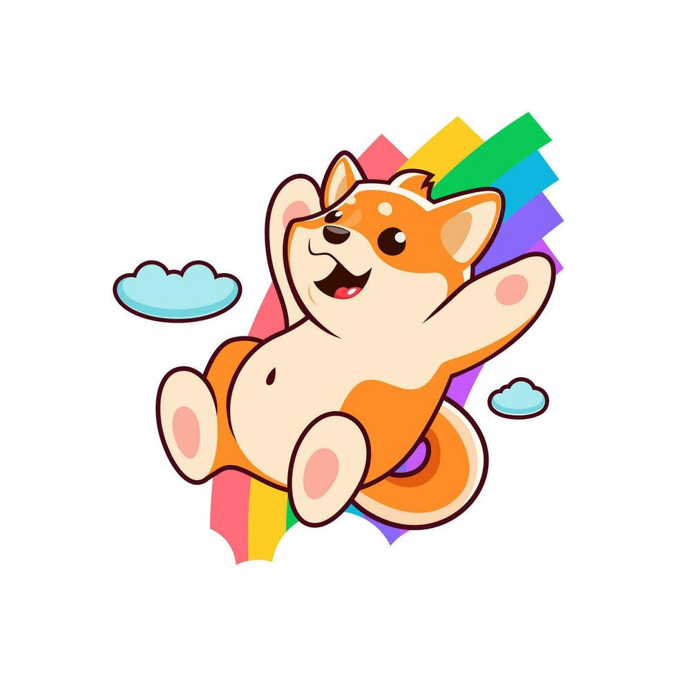 cartone animato contento shiba inu cane scorrevole un' arcobaleno vettore