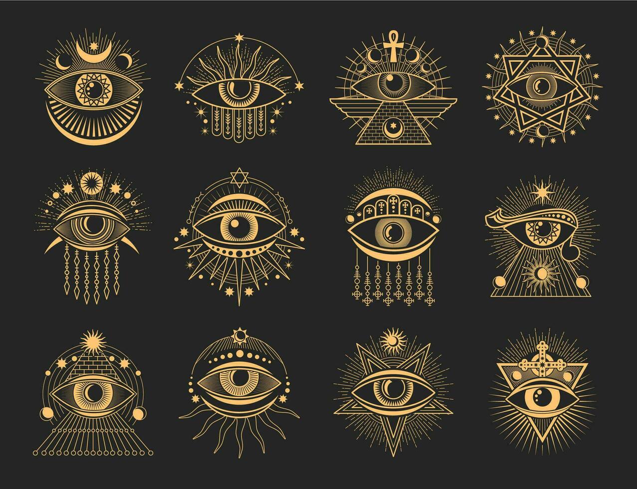 occhio tatuaggio occulto e esoterico simboli, muratore cartello vettore