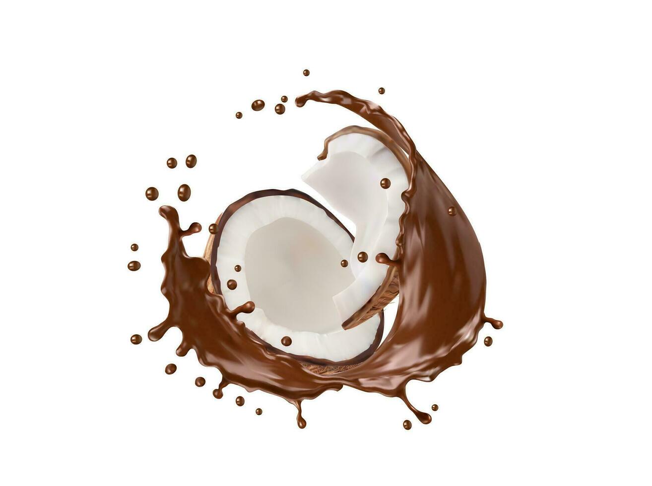 realistico Noce di cocco e cioccolato latte spruzzo onda vettore