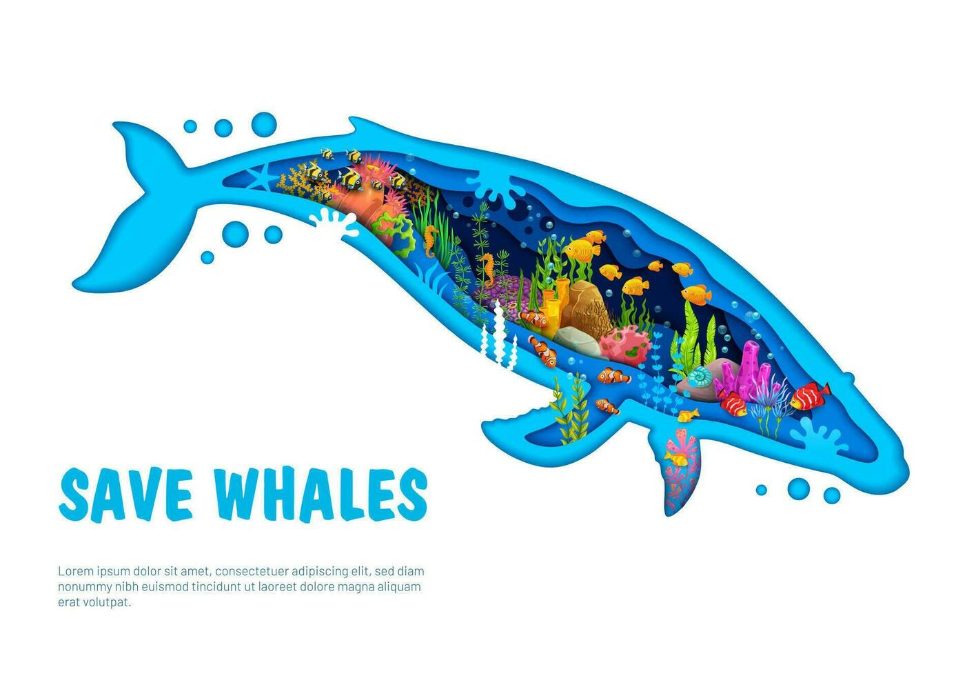 Salva mare balene striscione, carta tagliare balena silhouette vettore