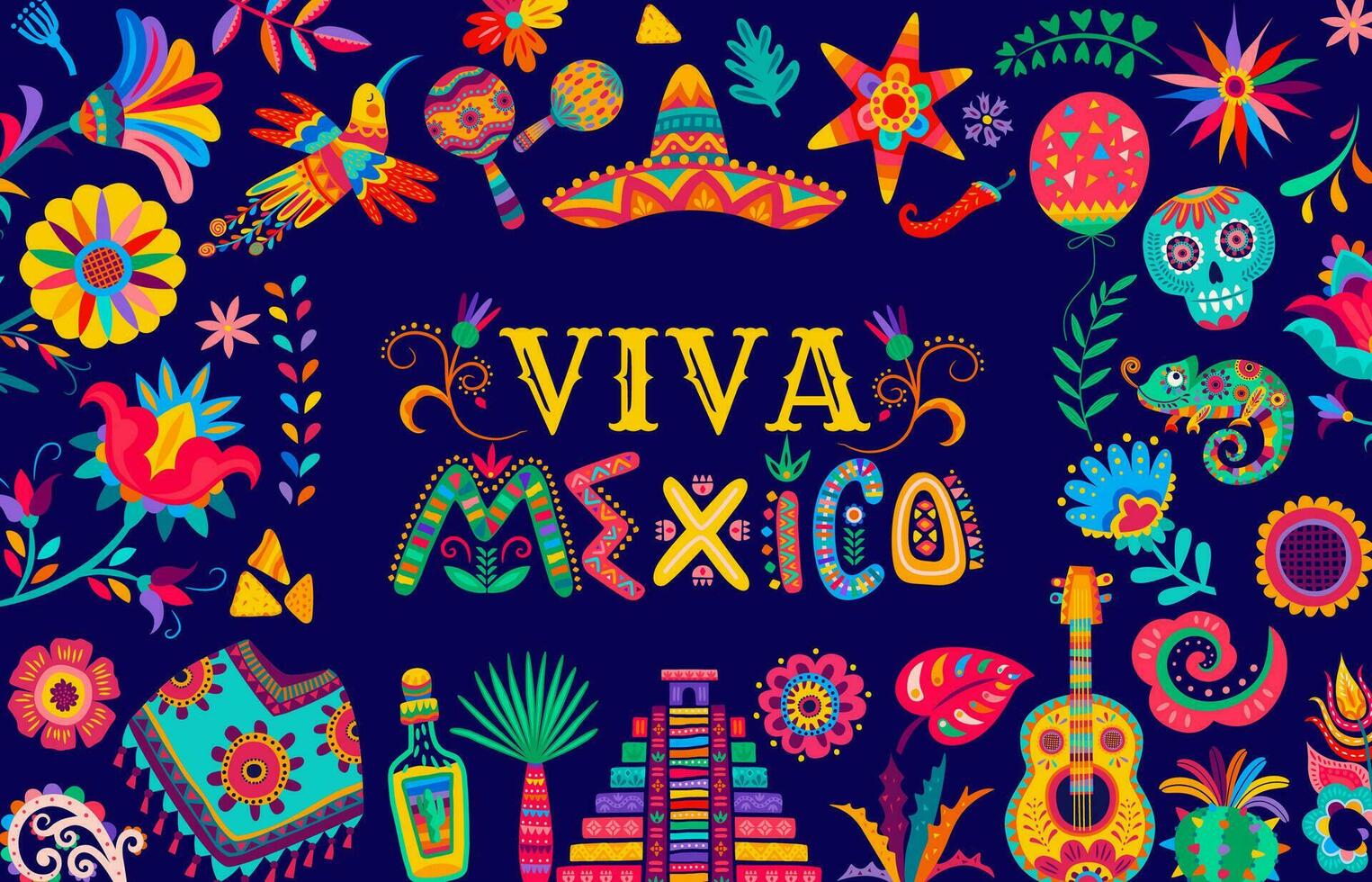 Viva Messico bandiera con fiori, messicano sombrero vettore