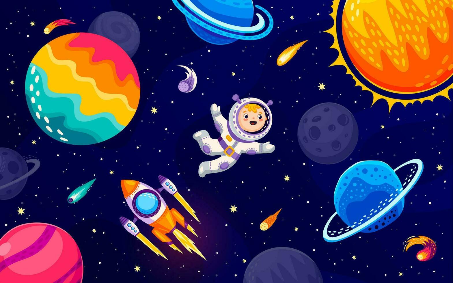 cartone animato astronauta personaggio nel esterno spazio, vettore