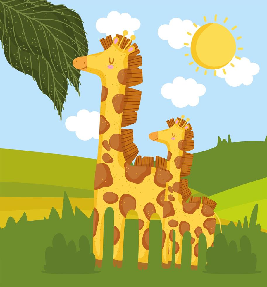 famiglia di giraffe nel prato vettore