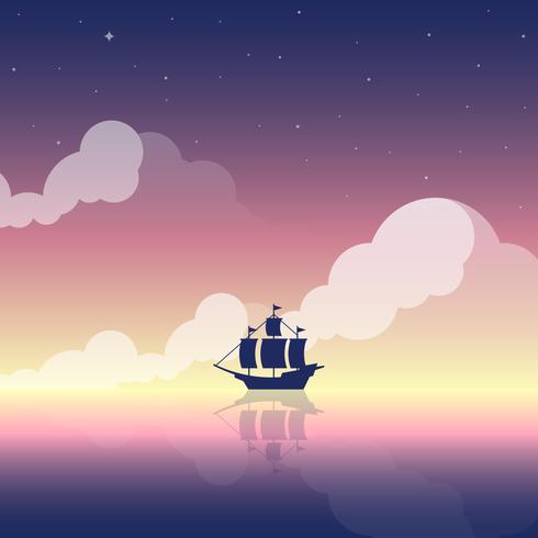 La nave dell'annata ha navigato all'alba sull'illustrazione del fondo dell'oceano vettore
