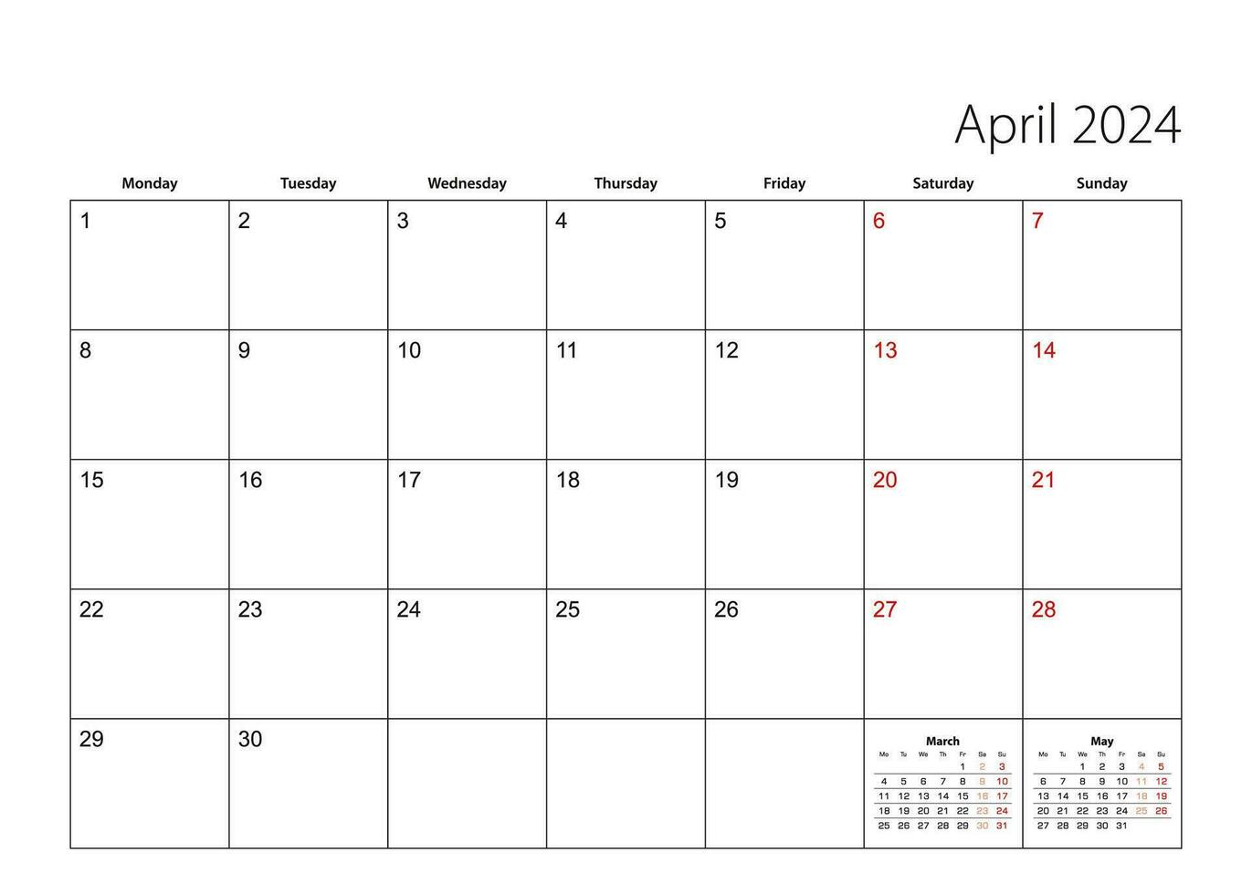 aprile 2024 semplice calendario pianificatore, settimana inizia a partire dal lunedì. vettore