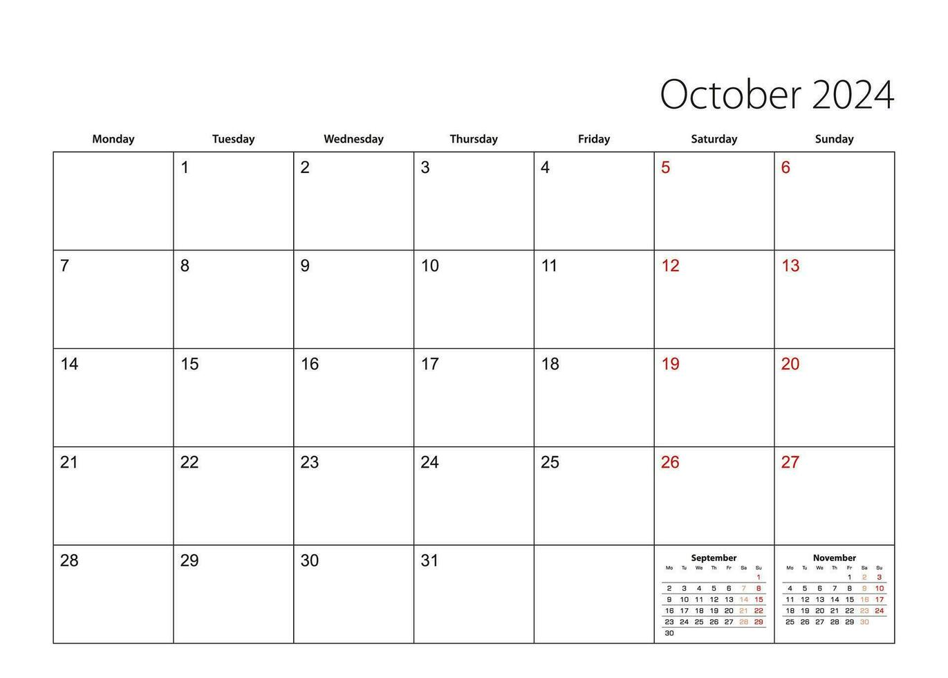 ottobre 2024 semplice calendario pianificatore, settimana inizia a partire dal lunedì. vettore