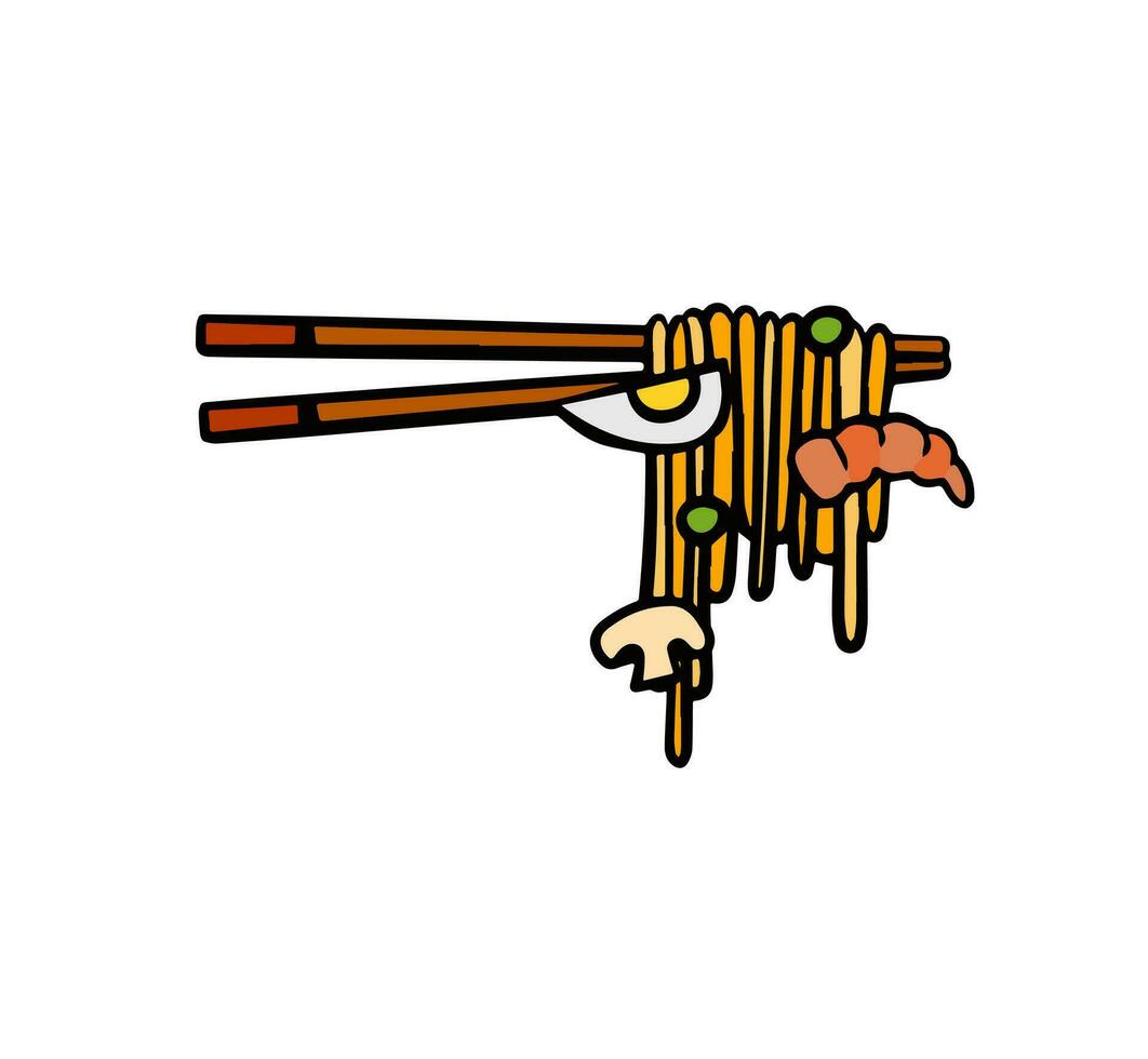 ramen tagliatelle e di legno bastoni. bastoncini con lungo pasta. asiatico giapponese e Cinese cibo. cartone animato illustrazione vettore