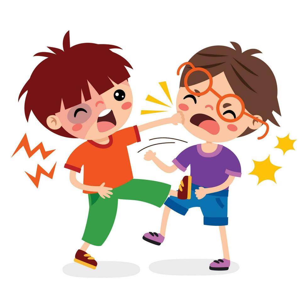cartone animato disegno di arrabbiato bambini combattente vettore