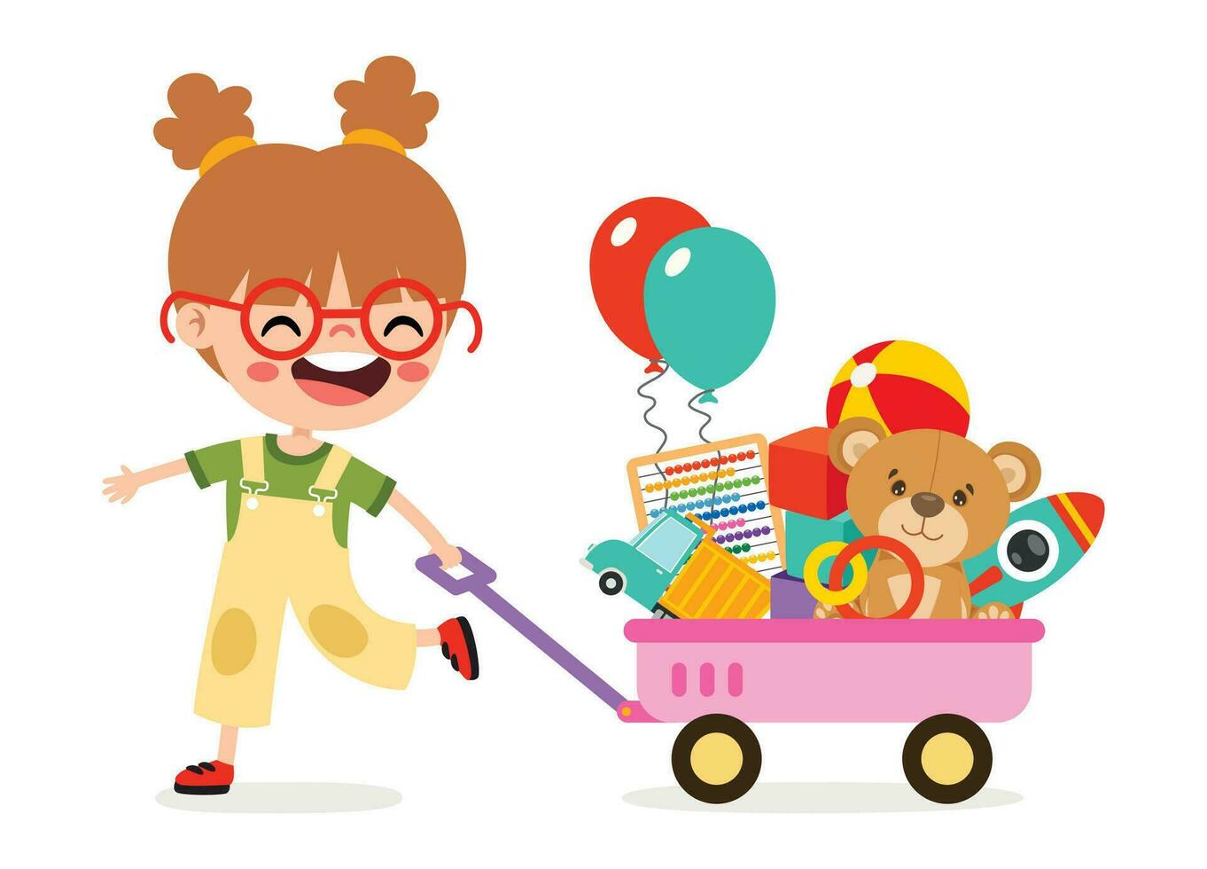 cartone animato ragazzo traino carro giocattoli vettore