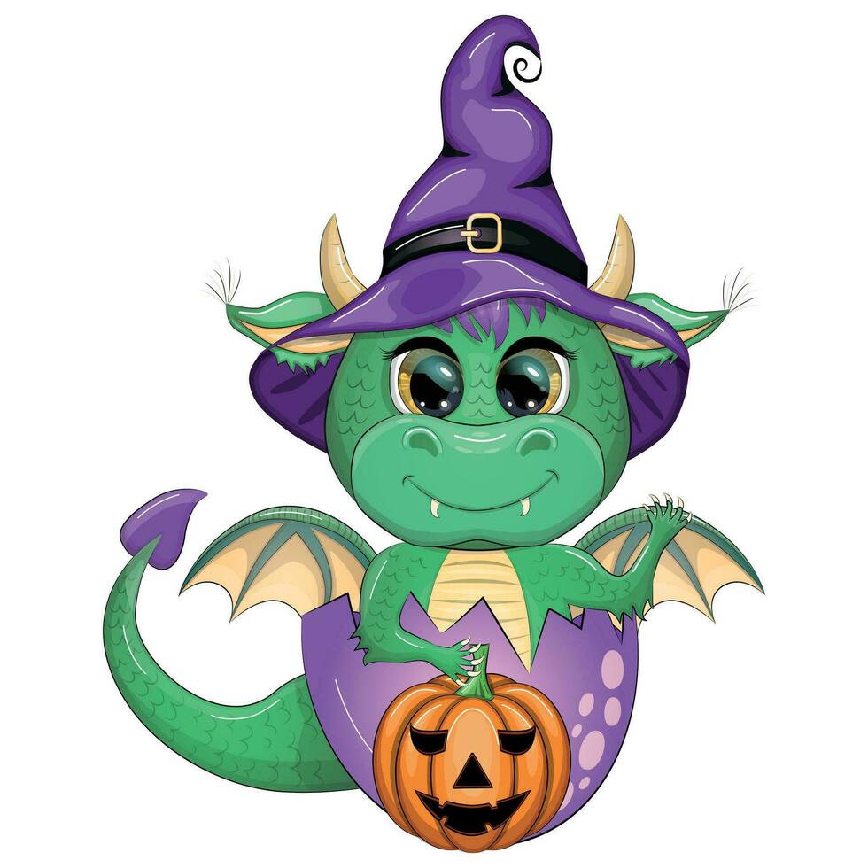 carino cartone animato verde Drago nel un' viola Magia cappello, Halloween. zucca, pozione, scopa. simbolo di 2024 secondo per il Cinese calendario vettore