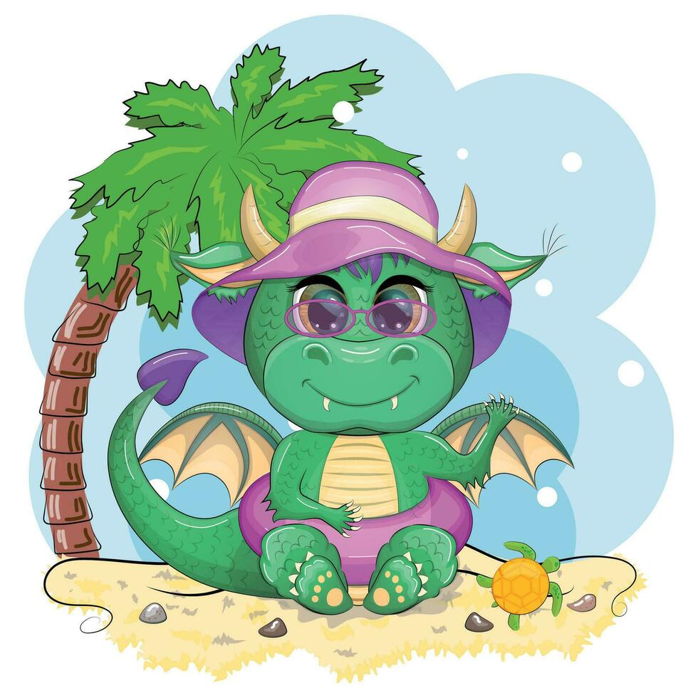 carino cartone animato verde bambino Drago nel un' cappello su il spiaggia nel Hawaii. simbolo di 2024 secondo per il Cinese calendario vettore