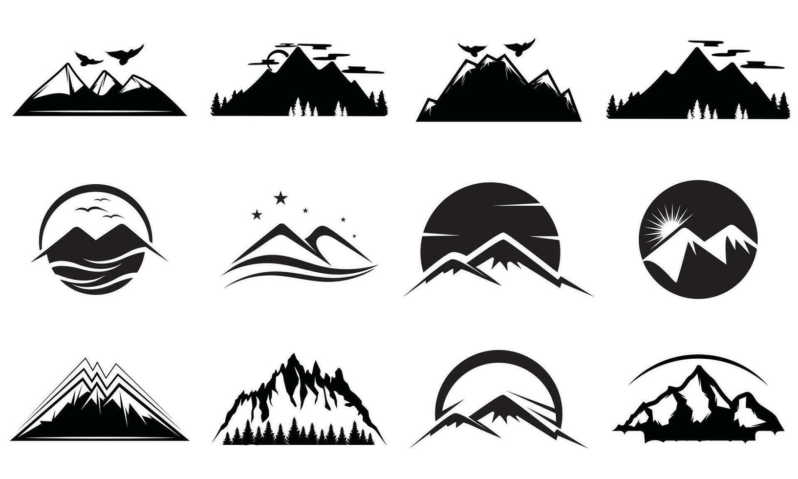 montagna silhouette impostare. roccioso montagne icona o logo collezione. vettore illustrazione.