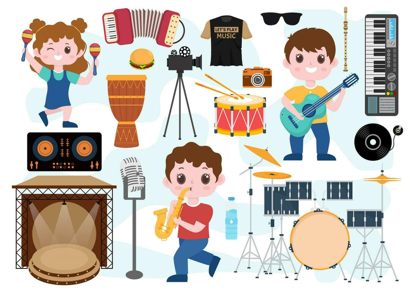 musica elementi vettore illustrazione con vario di Nota e musicale strumenti moderno nel piatto bambini cartone animato mano disegnato sfondo modelli