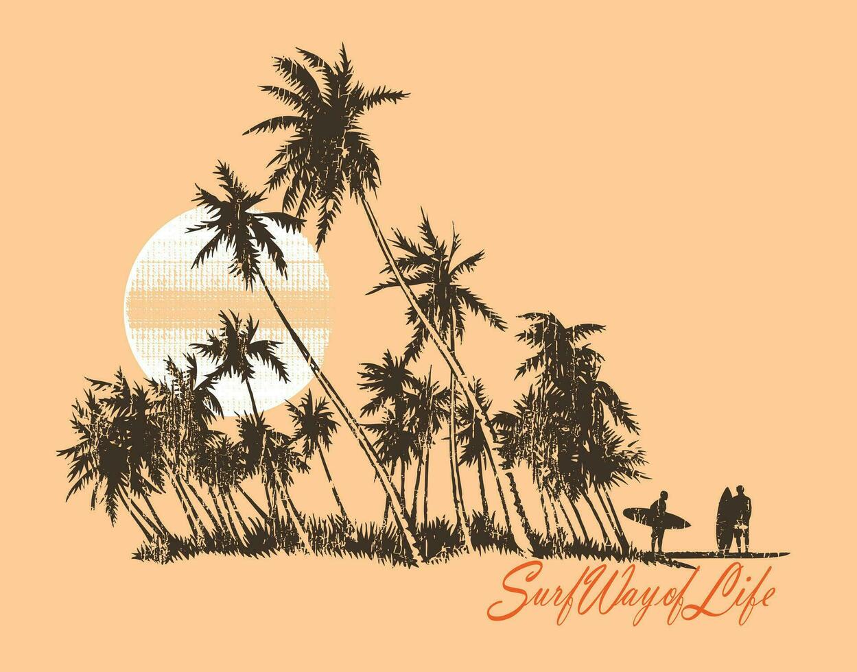 vettore, mano disegnato illustrazione di costiero tropicale paesaggio silhouette. modificabile opera d'arte con Noce di cocco alberi e surfers nel il in ritardo pomeriggio. design per stampa su magliette, manifesti e eccetera. vettore