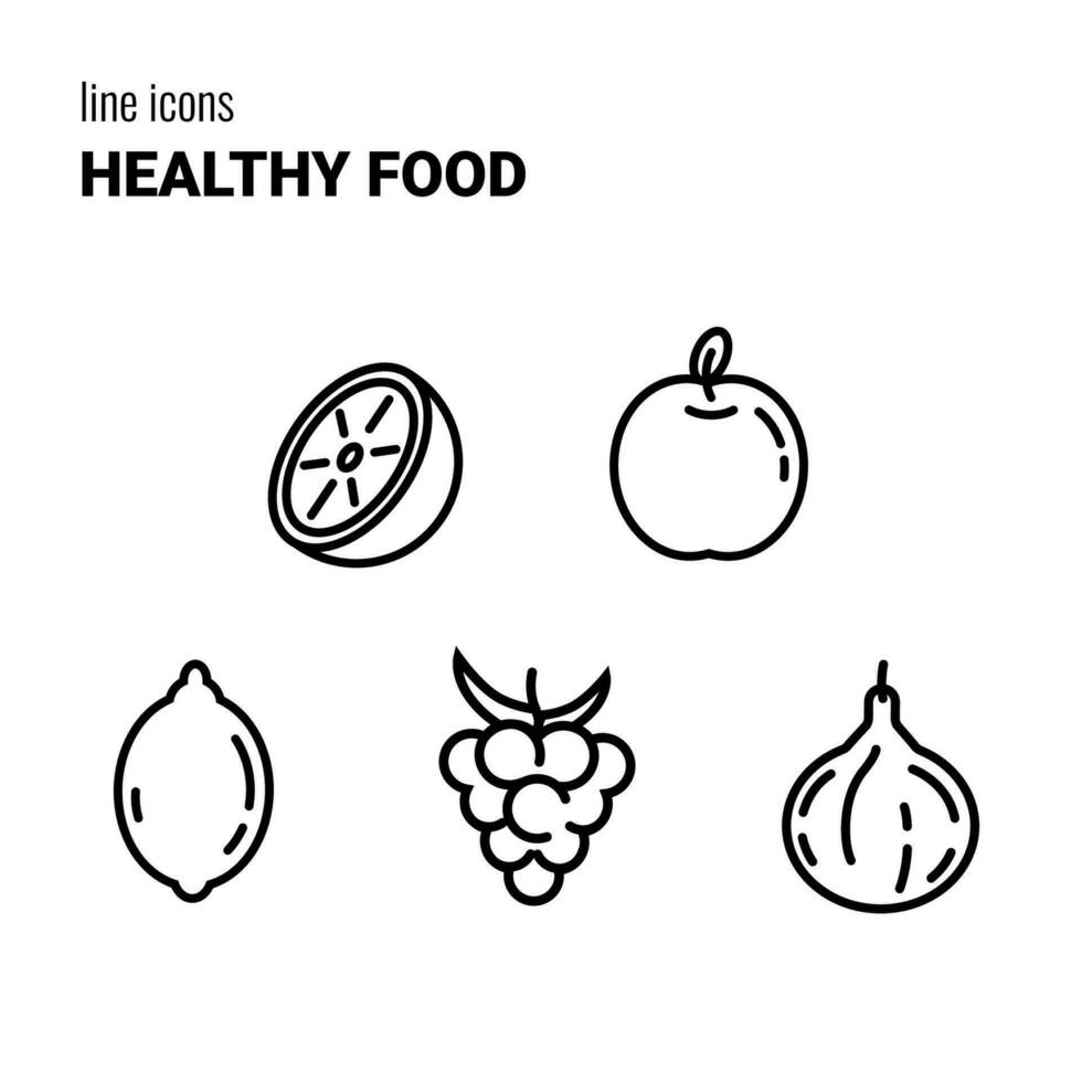 impostato di cinque schema salutare cibo icone, verdura simboli, vettore pittogrammi, loghi, schema disegni, cetriolo, piselli, carota, broccoli e ravanello.