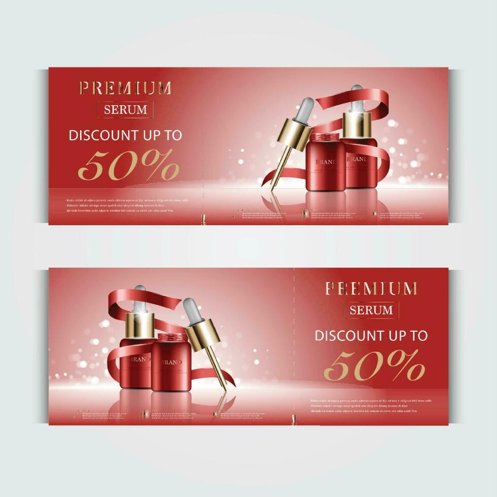 regalo voucher; tagliando cosmetico idratante facciale crema per annuale vendita o Festival saldi. blu e oro siero maschera bottiglia isolato su luccichio particelle sfondo. bandiera grazioso cosmetico Annunci, illustrazione. vettore