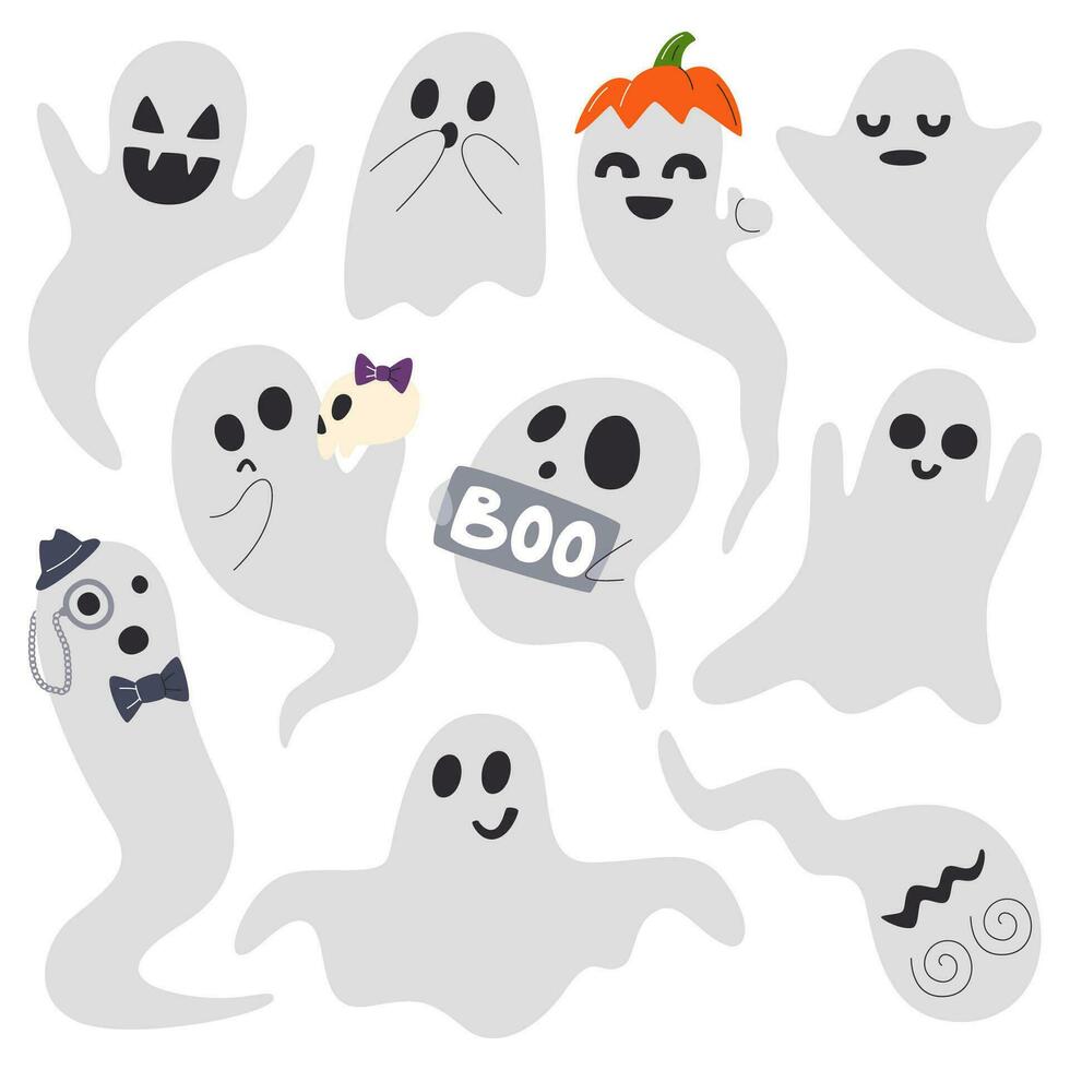 Halloween fantasma personaggi con emozioni e facciale espressioni. spaventoso e divertente spiriti. ottobre vacanza raccapricciante tradizionale creature. vario fantasma personaggio mano disegnato piatto vettore illustrazione