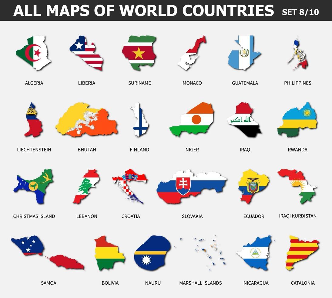 tutte le mappe dei paesi e delle bandiere del mondo. serie 8 di 10. raccolta di forme di contorno della mappa del paese internazionale con ombra. design piatto . vettore. vettore