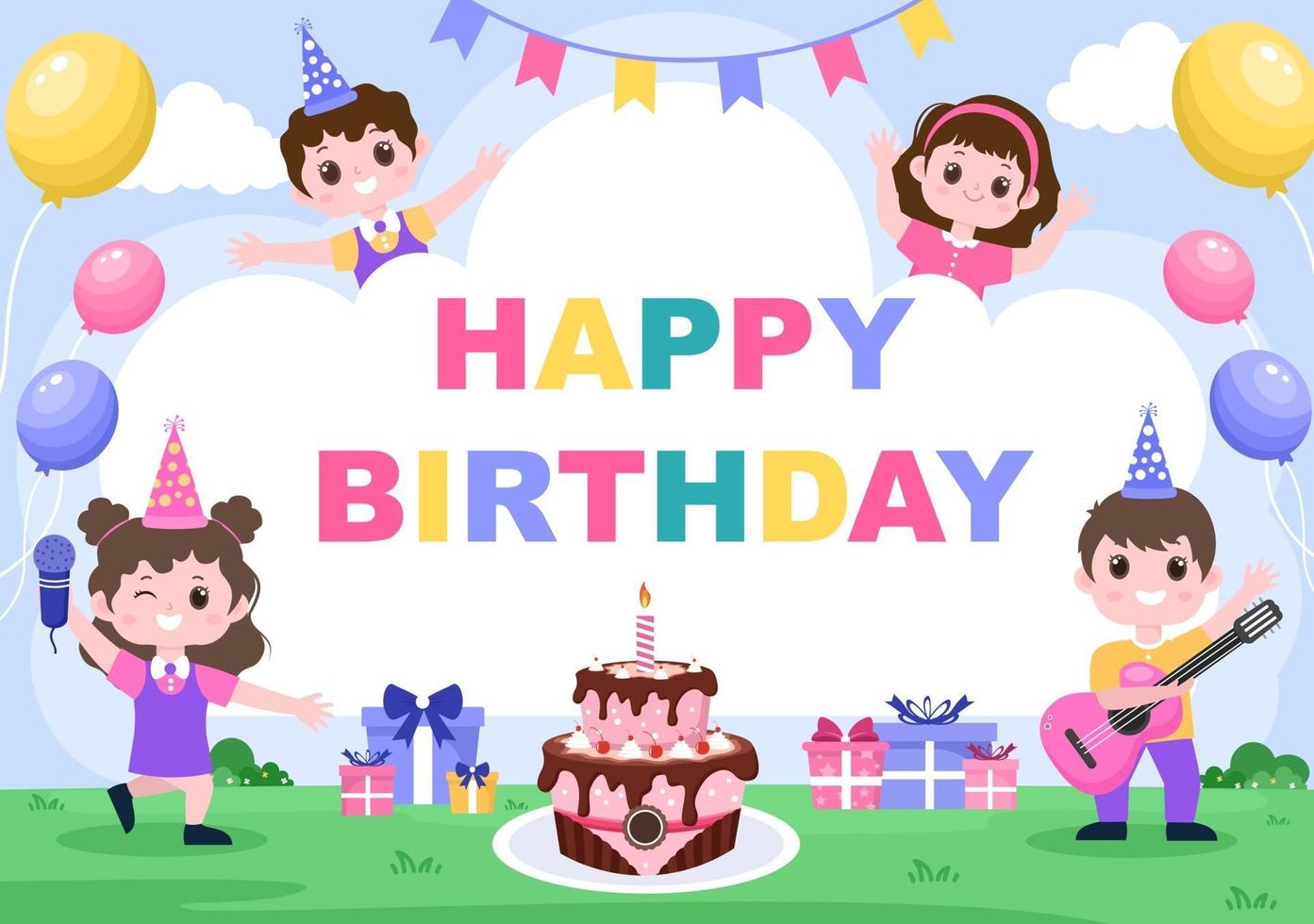 festa di buon compleanno che celebra l'illustrazione con palloncini, cappelli, coriandoli, regali e cake design vettore
