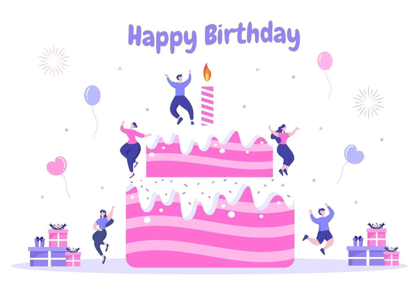 festa di buon compleanno che celebra l'illustrazione con palloncini, cappelli, coriandoli, regali e cake design vettore