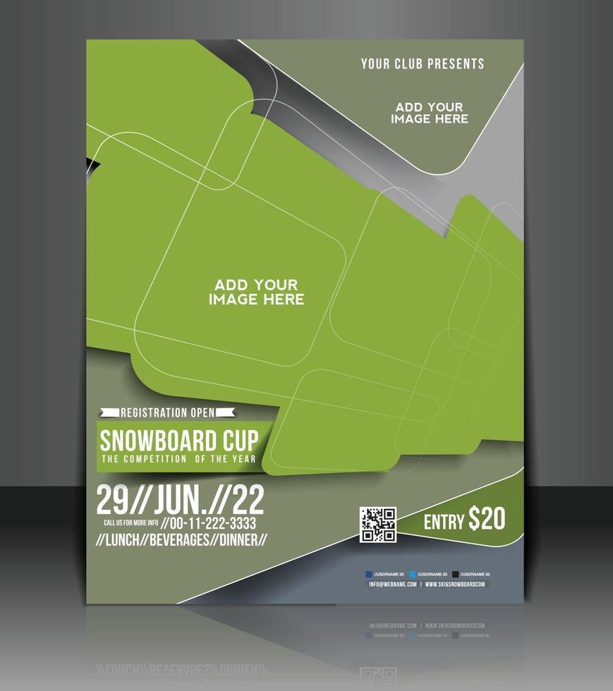 design del modello di brochure della tazza di snowboard vettore