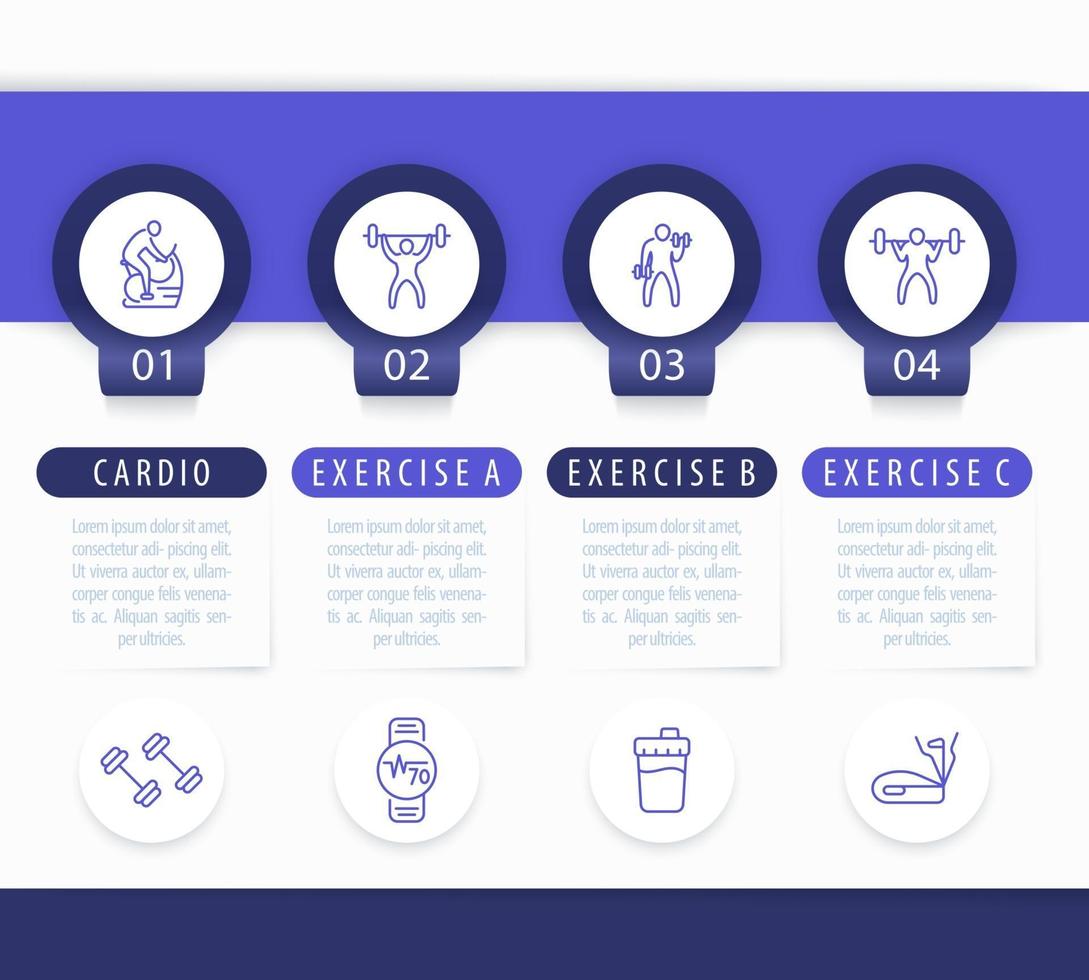 allenamento in palestra, allenamento, modello di infografica in 4 passaggi, con icone di linea fitness vettore