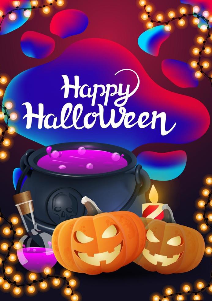 felice halloween, biglietto di auguri verticale viola con design lampada lava, ghirlanda e calderone della strega e jack zucca. vettore