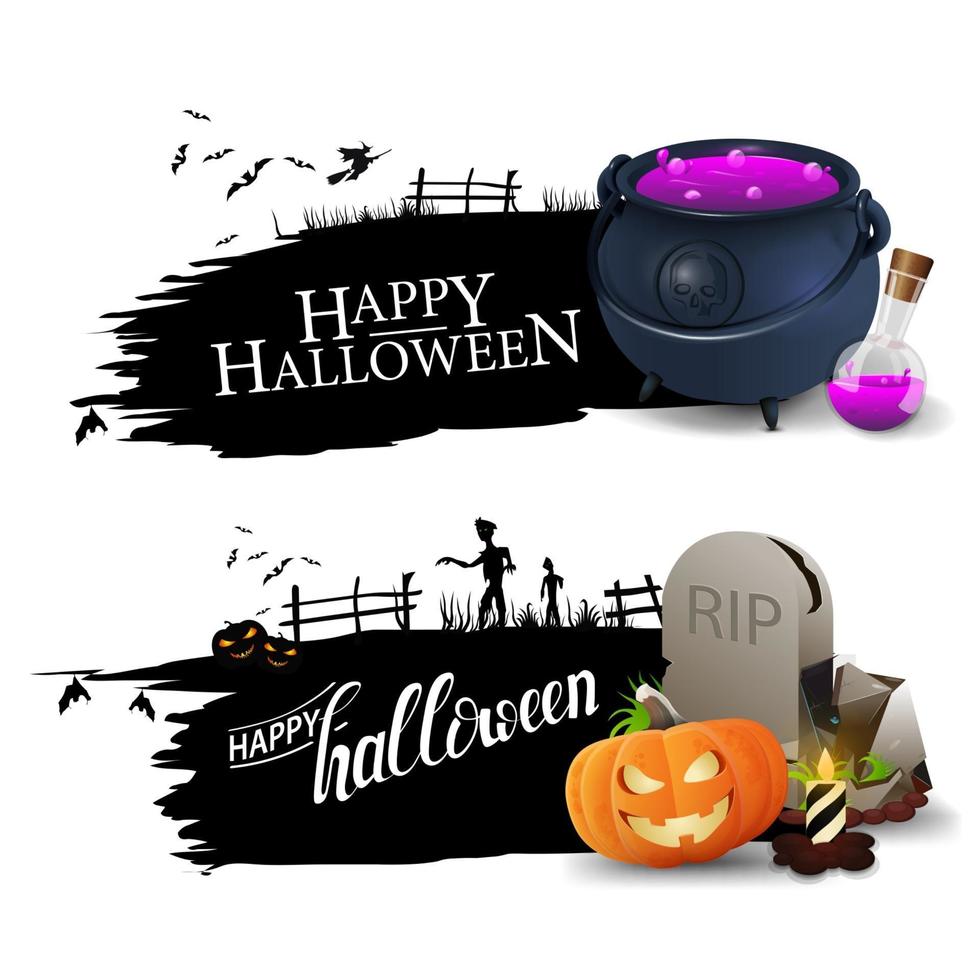 buon halloween, due striscioni di auguri neri con calderone della strega con pozione, lapide e jack zucca. banner nero isolato su sfondo bianco vettore