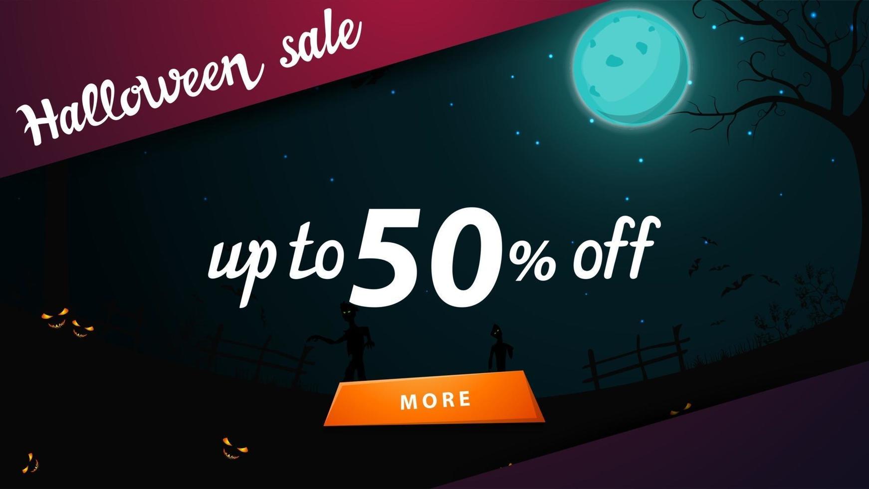 saldi di halloween, fino a 50 di sconto, banner di sconto con paesaggio di halloween sullo sfondo. banner web di sconto con pulsante vettore