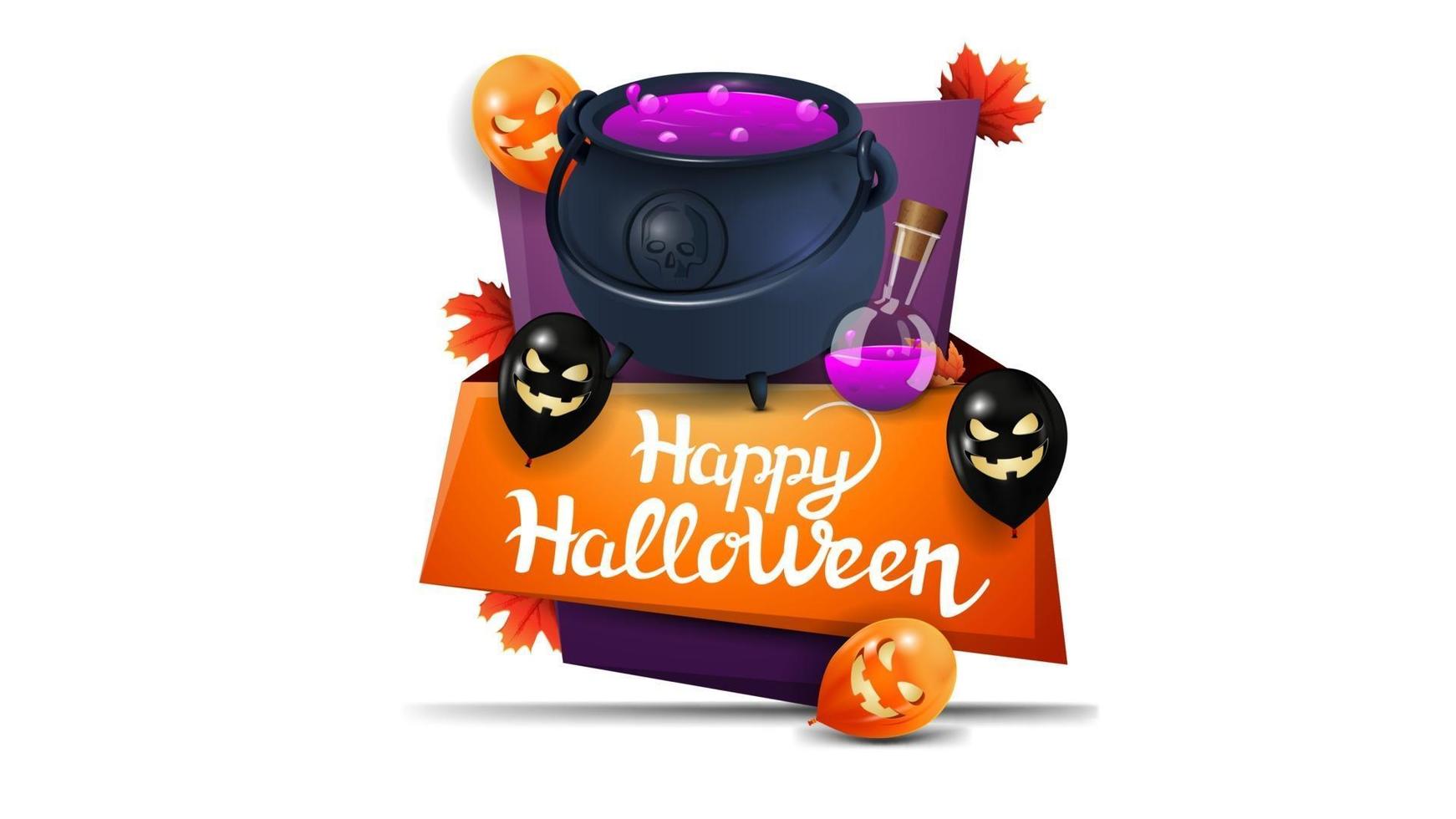 buon halloween, biglietto di auguri verticale in stile cartone animato con palloncini di halloween e calderone della strega con pozione vettore