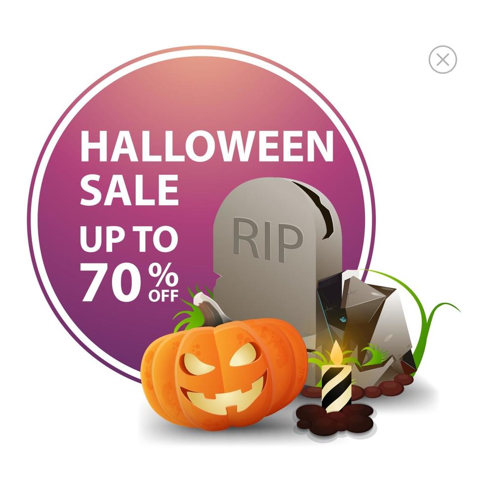 saldi di halloween, fino a 70 di sconto, banner sconto quadrato bianco con lapide e jack zucca vettore