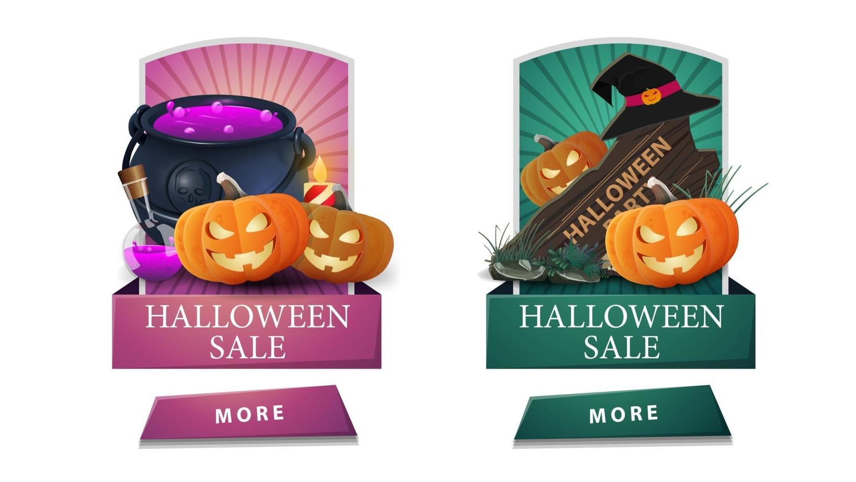 saldi di halloween, due striscioni verticali scontati con bottoni, cartello in legno, calderone della strega e jack zucca. banner sconto rosa e verde per le tue arti vettore