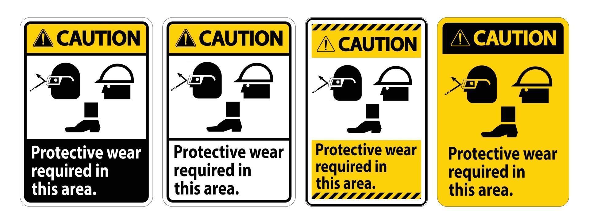 segnale di attenzione è necessario indossare indumenti protettivi in quest'area. con occhiali, elmetto e simboli di stivali su sfondo bianco vettore