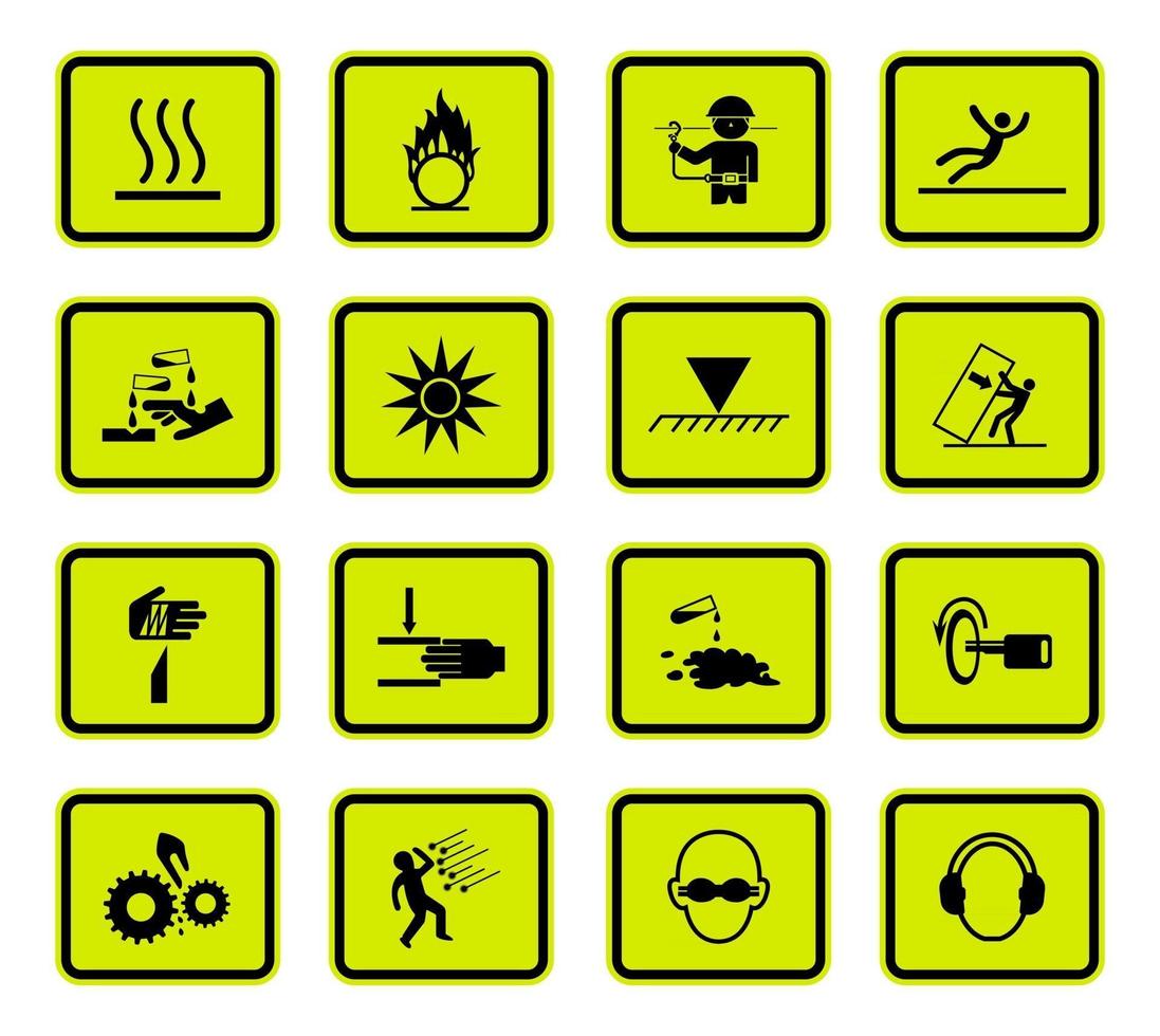 segni di avvertimento simboli di pericolo etichette segno isolato su sfondo bianco, illustrazione vettoriale