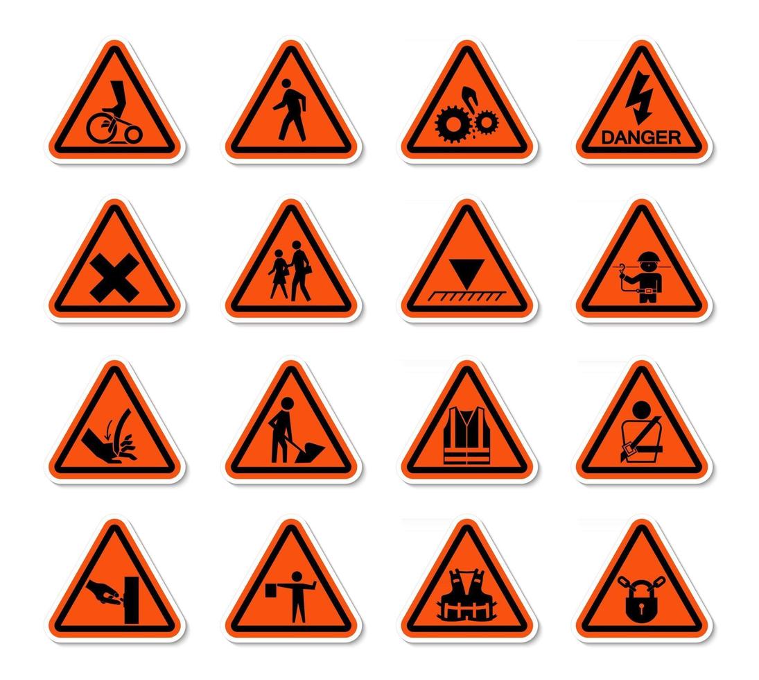 le etichette triangolari di avvertimento di simboli di pericolo firmano l'isolato su fondo bianco, illustrazione di vettore