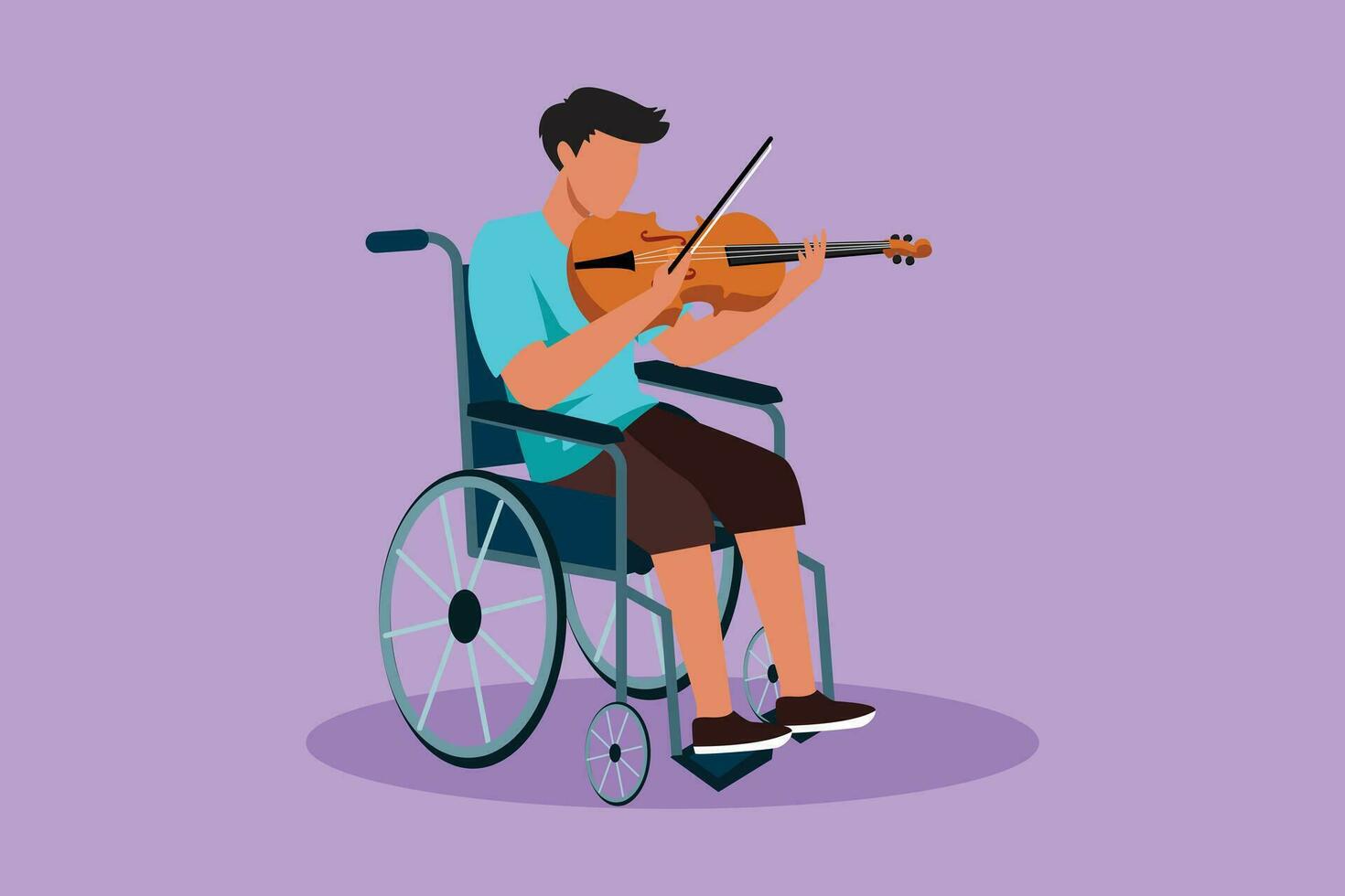 personaggio piatto disegno di invalidità e musica. uomo nel sedia a rotelle giochi violino. fisicamente Disabilitato, ferito corpo. persona nel Ospedale. reinserimento centro paziente. cartone animato design vettore illustrazione